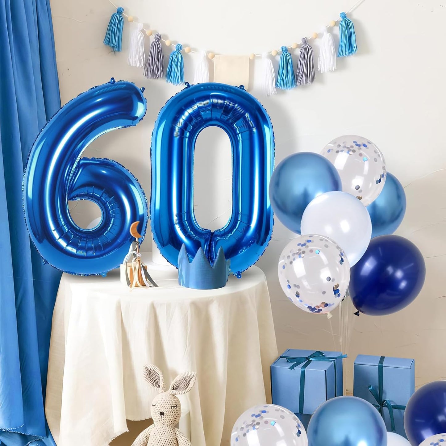 60 Balloon Number Blue, Big Number 60 Balloon Pastel Navy Dark Blue with Metallic Silver Confetti Balloon for Men 60th Birthday, Foil 40'' Self Inflating Balloon 60 for Anniversary Party Decorations