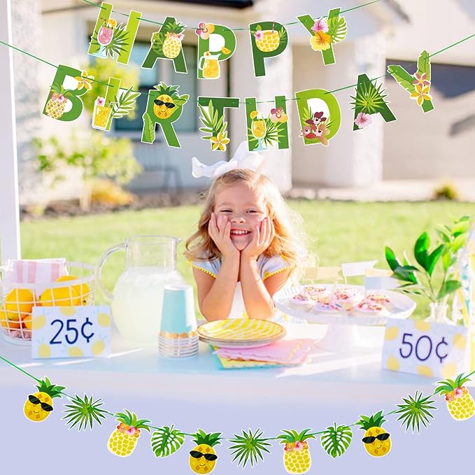 SUNBEAUTY Fruit Party Decorations Happy Birthday Pineapple Element Banner for Summer Tropical Hawaiian Aloha Parties - Colorful, Vibrant, Durable, Fun and Easy to Hang | Pre-Strung