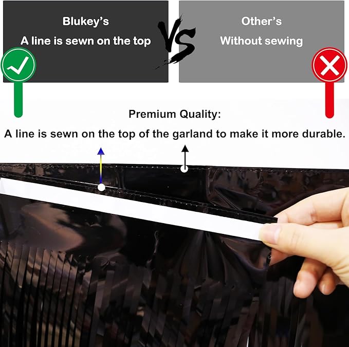 Thick 10 Feet by 15 Inch Black Foil Fringe Garland - Pack of 3 - Shiny Metallic Tinsel Banner for Parade Floats, Easter Day, Halloween, Christmas | Wall Hanging Drapes (3)