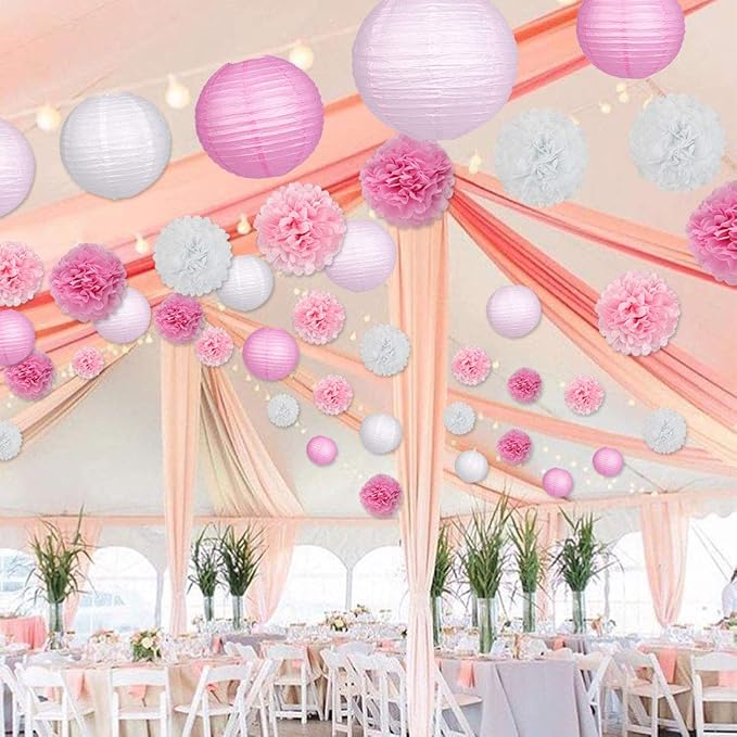 15Pcs Party Pack Paper Lanterns and Pom Pom Balls Hanging Decoration for Wedding Birthday Baby Shower-Pink/White