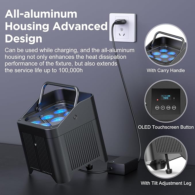 9LED Battery Powered Stage Lights Wireless Uplights Rechargeable Strobe Par Light 9600mAh RGBWAUV 6in1 with APP DMX Stage Uplighting for Events Wedding Party DJ Show Church (6 Packs with Flightcase)