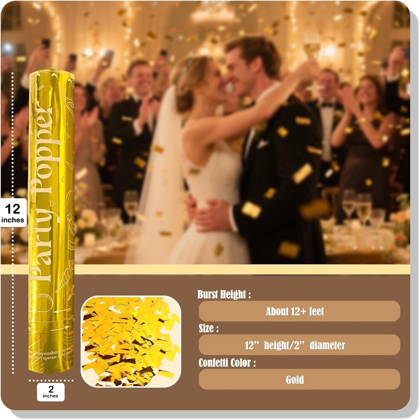Confetti Cannons Gold | 5-Pack 12-Inch Party Poppers for All Celebrations: Weddings,Christmas, Anniversaries & More