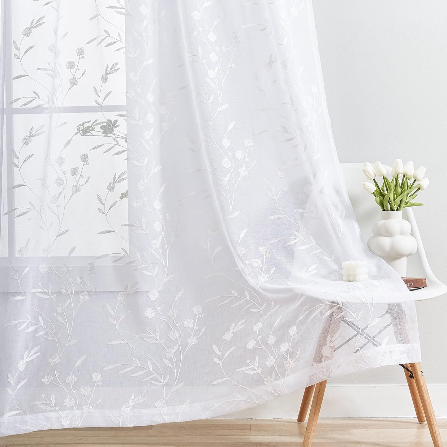Embroidery Sheer Curtains White 95 Inches, Floral Pattern Window Treatments Rod Pocket Drapes for Living room, Bedroom, Semi Voile Curtain Panels for Yard, Patio, Villa, Parlor, Set of 2, 52"x 95".