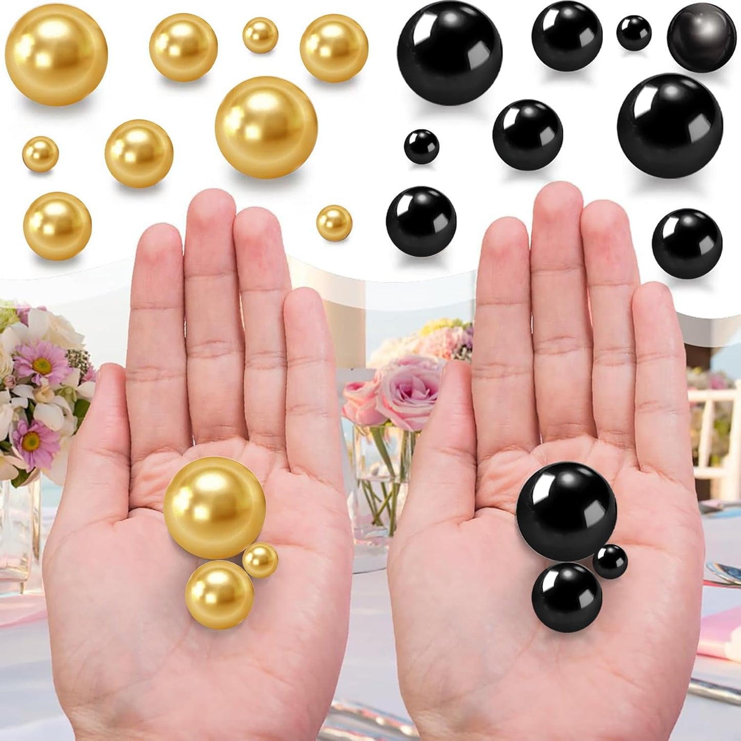 300Pcs Black&Gold Polished No Hole Faux Pearl Beads for Vase Filling Decorations, Plastic Pearls Vase Fillers, Table Scatters, Wedding Centerpiece, Home Decor, 8/14/20 mm