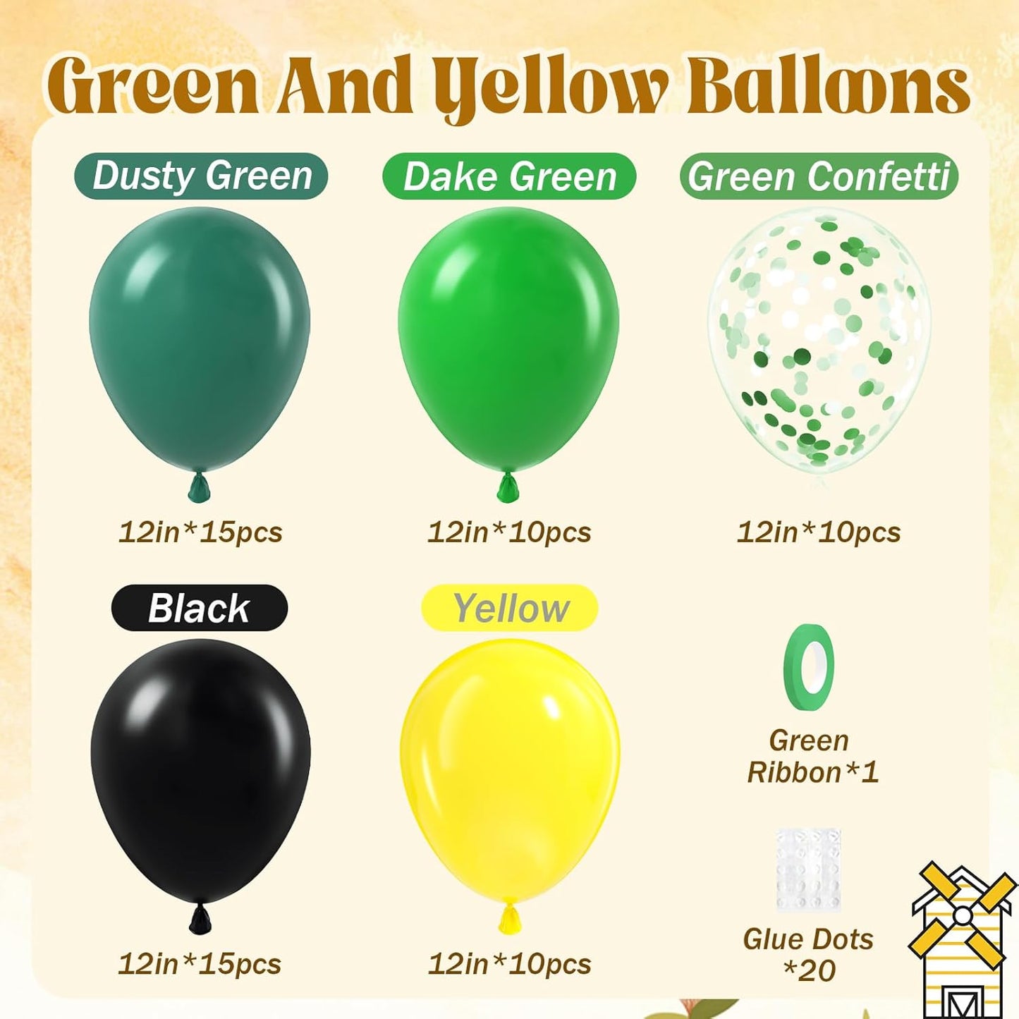 60pcs Tractor Balloons 12inch with Black Green and Yellow Balloons for Baby Shower Farm Tractor Birthday Party Decorations