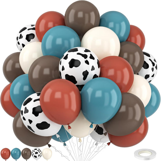 Cowboy Western Balloons, 12inch Cow Print Retro Coffee Brown Slate Dusty Blue Sand White Balloons for Boy First Rodeo Birthday Western Cowboy Baby Shower Farm Country Wild West Theme Party Decor