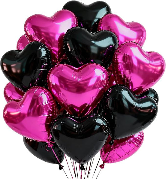 TONIFUL 30Pcs 18 Inch Black Hot Pink Balloons Black Rose Pink Heart Shape Foil Mylar Banners Decoration for Birthday Valentine's Day Wedding Bridal Shower Anniversary Engagement Party Supplies