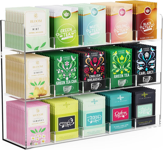 Acrylic Tea Bag Organizer, 3 Layers Tea Bag Holder for Tea Packets, No Assembly Required, Wall Mount Display Tea Caddy for Countertop or Cabinet, 15 Slots