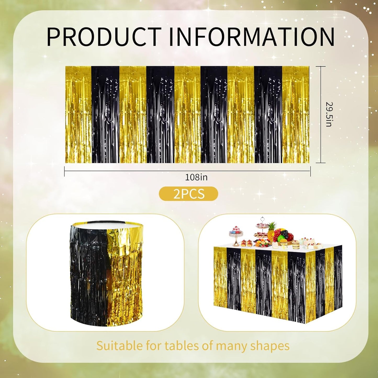 BEISHIDA 2 Pack Black Gold Table Skirts Party Decorations Metallic Tinsel Foil Fringe Decors for Rectangle and Round Table Birthday Retirement Anniversary Graduation Congrats 2026 Party