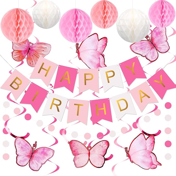 meowtastic Birthday Decorations, Happy Birthday Banner with Honeycomb Balls, Butterfly Hanging Swirl Streamers, Circle Dots Garland, Happy Birthday Party Decorations for Women Girls (Pink & White)
