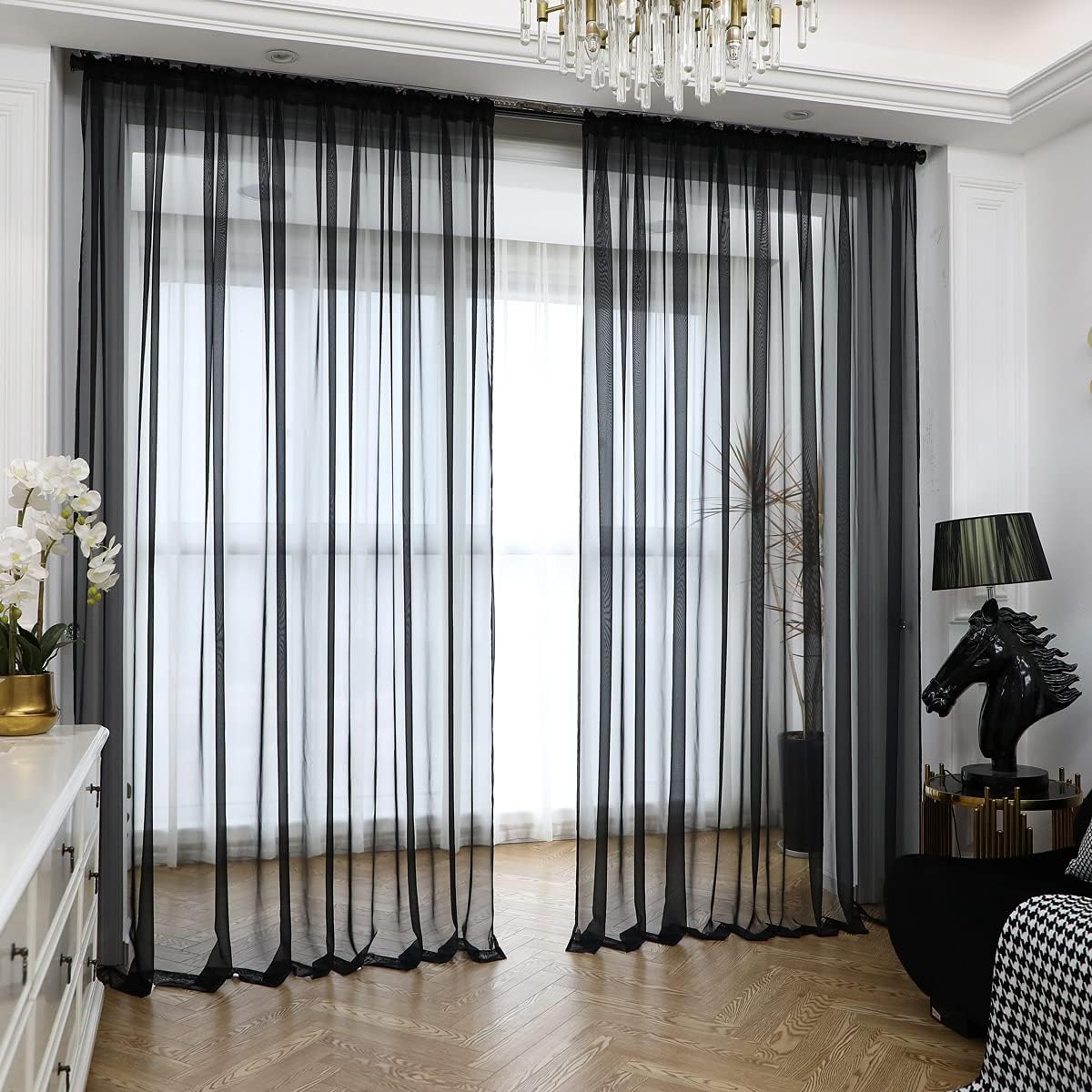 Window Black Sheer Curtains 48 Inches Width 90 Inches Long 2 Panels Sheer Curtains Clear Curtains Basic Rod Pocket Panel for Home Living Room Bedroom Kids Room Yard Patio Parlor Sliding