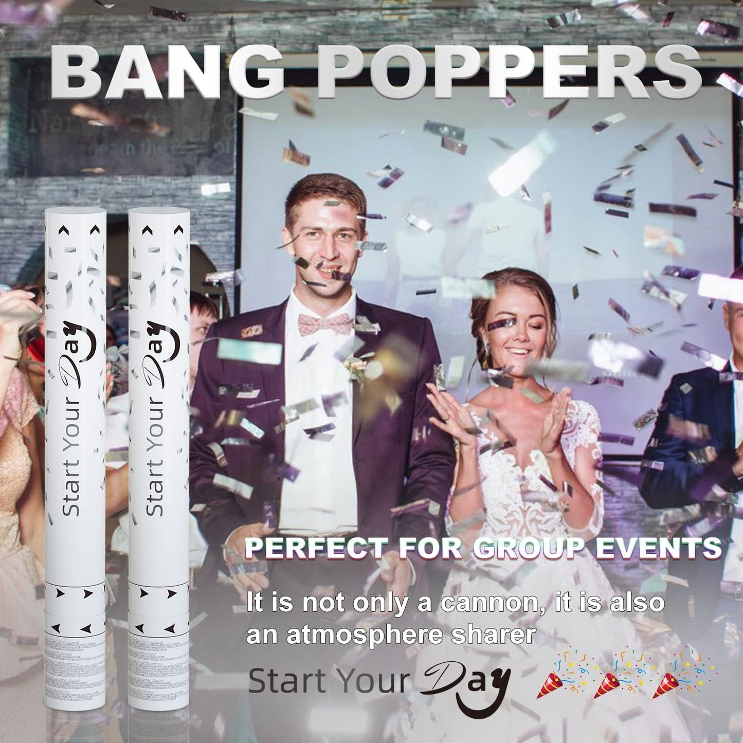 confetti Cannons, 15 Inch+Longer Confetti Shooters Party Poppers, WORKKEEP Silver Confetti Popper Air Powered for Birthday Wedding Celebration Photo Shoot New Year's Eve confetti Gun