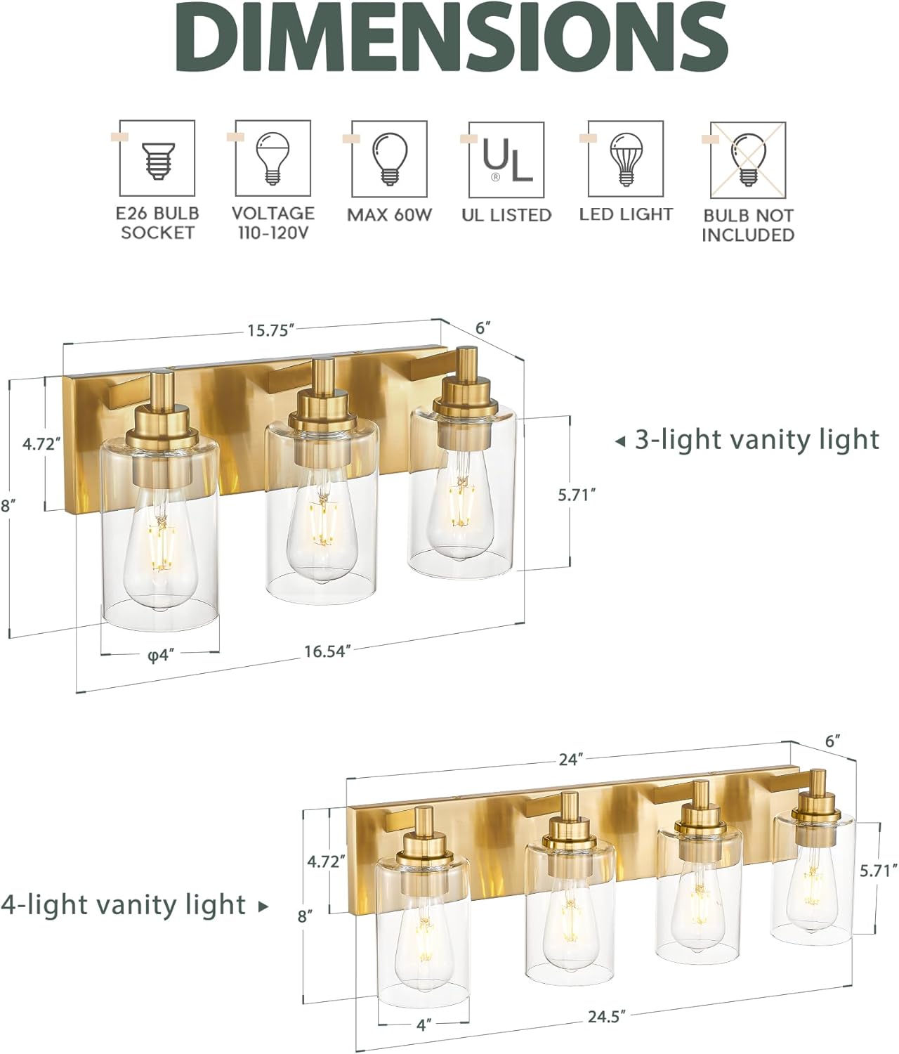 3-Light Bathroom Light Fixtures, Brushed Gold Vanity Light with Cylinder Clear Glass Shade, Modern Vanity Lighting Fixtures Over Mirror, VL143-BG-3