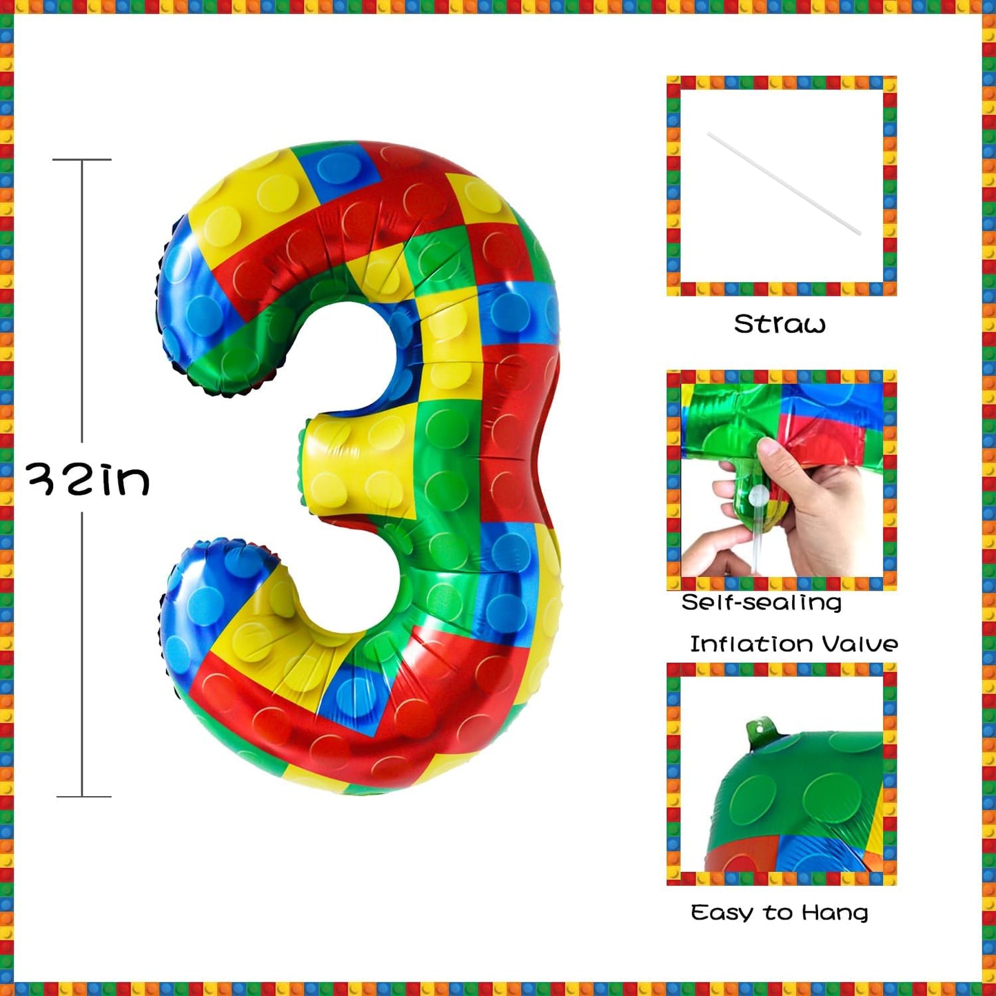 32 Inch Stackable Block Number 3 Balloon – Colorful Brick Building Themed Big Helium Digits for Kids Birthday Party Decorations (Building Block, Number 3)