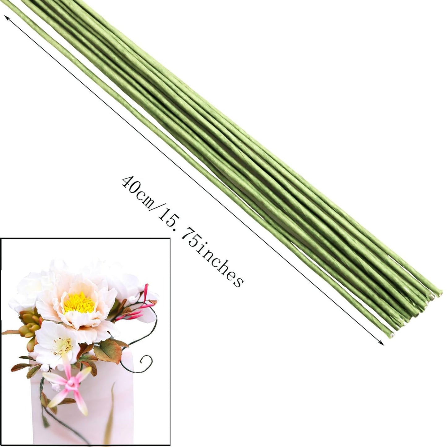 50/Package Floral Stems Wire for Paper Flower 16 Gauge Green Floral Paper Wrapped Wire 16 inch Artificial Crafts Wire Wreath Making Supplies for Wedding DIY
