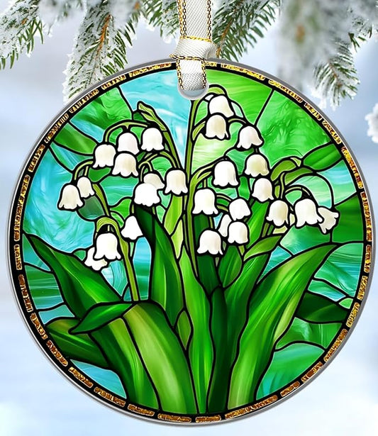 Christmas Ornaments 2025, Stained Glass Christmas Tree Decorations, Exchange for Women, Men, Collectible Dated Year Ornaments for Tree - Glass Hanging Ornament（Lily of The Valley）