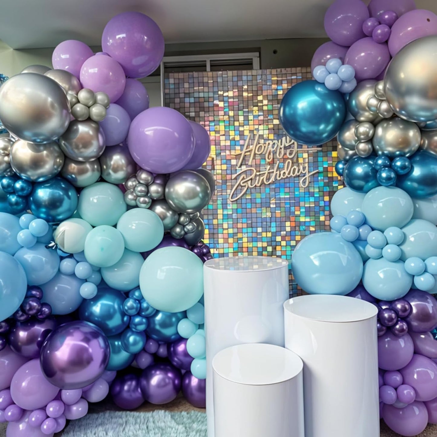 Blue And Purple Balloons, 60pcs Metallic Purple Blue Balloons, Pearl Pink Silver Confetti Balloon Snowflake Print Balloon For Girls Women Kids Birthday Baby Shower Winter Snow Theme Party Wedding