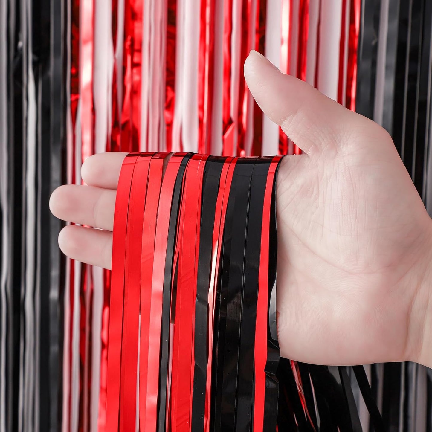 2 Pack 3.3x8.2 Feet Red and Black Foil Fringe Backdrop Curtains, Tinsel Streamers Birthday Party Decorations, Fringe Backdrop for Graduation, Movie Night, Horror Party