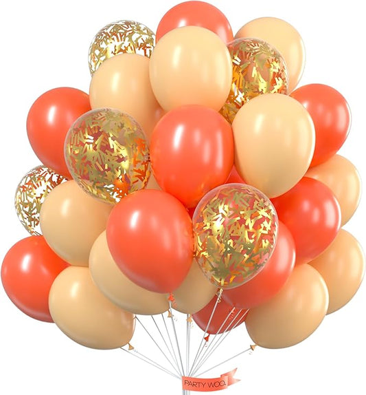 PartyWoo Red Gold and Nude Balloons 65pcs 12 10 Inch Pearl Coral Red Nude Apricot Gold Confetti Balloons for Graduation Baby Shower Birthday New Year's Eve Anniversary Bachelorette Party Decorations