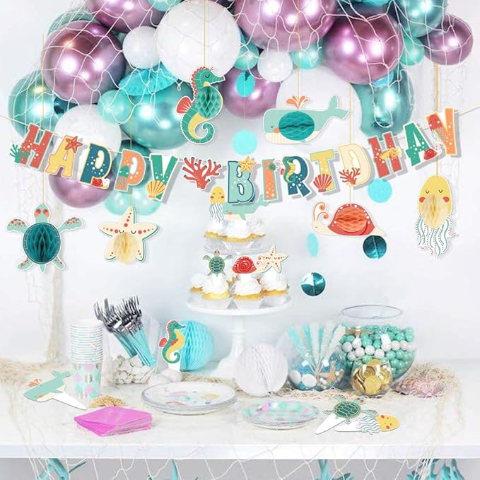 SUNBEAUTY Happy Birthday Banner Sea Animal Birthday Decorations Sea Shells Ocean Theme Party Supplies for Baby Shower | Pre-Strung