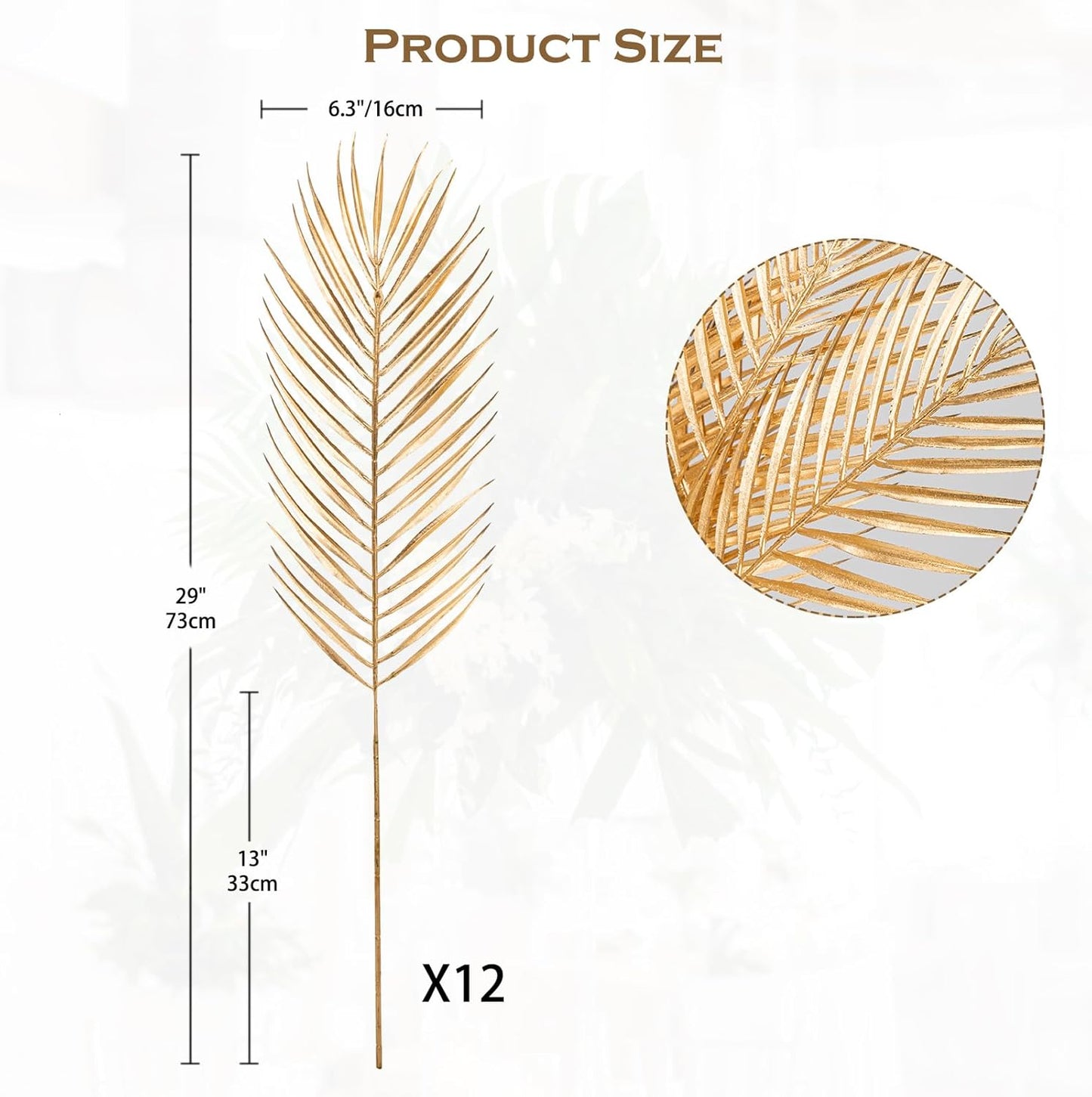 29” Large Gold Palm Leaves Palm Fronds Tropical Leaves Areca Palm Branches Artificial Palm Leaves with Stem Golden Palm Tree Leaves Faux Palm Leaves for Floral Arrangement Fake Gold Leaves 12Pcs