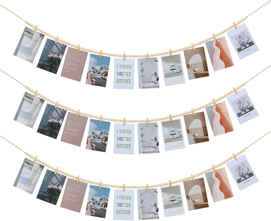 Hanging Photo Display with Clips, Boho Wooden Bead Garland Collage Picture Frame Wall Decor, Photo String with 10 Clips for Bedroom Room Dorm Cubicle Decor, Christmas Teen Girls Gifts, 3 Pack