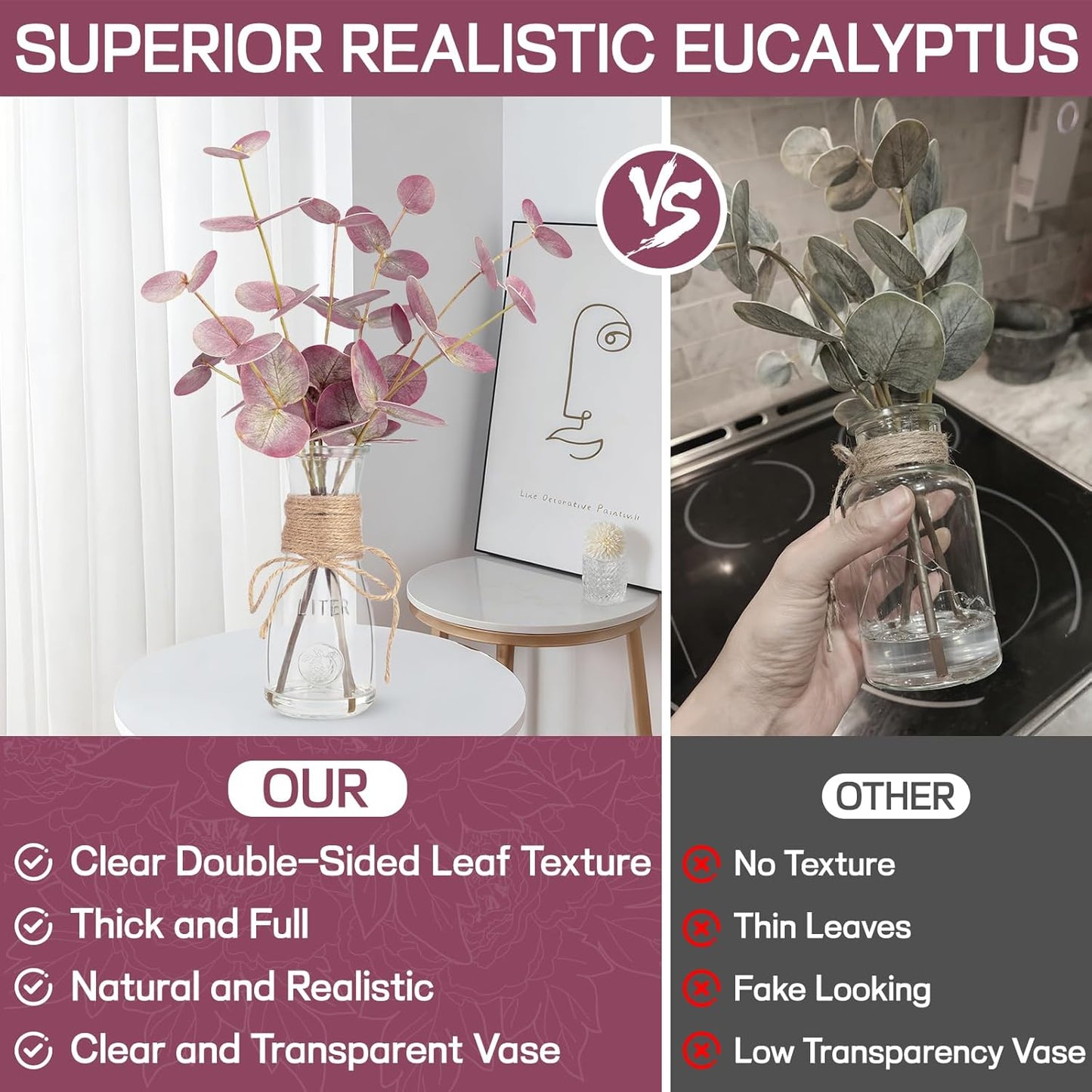 Artificial Eucalyptus Stems in Glass Vase with Faux Water, 15" Small Bathroom Greenery with Double-Sided Red Leaves, Farmhouse Office Decor, Realistic Fake Plant Wedding Centerpiece