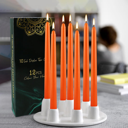10 Inch Orange Slender Taper Candles Set - 12 Pcs Dripless, Smokeless with Cotton Wick, Ideal for Halloween,Thanksgiving,Dinner, Weddings & Home Decor.