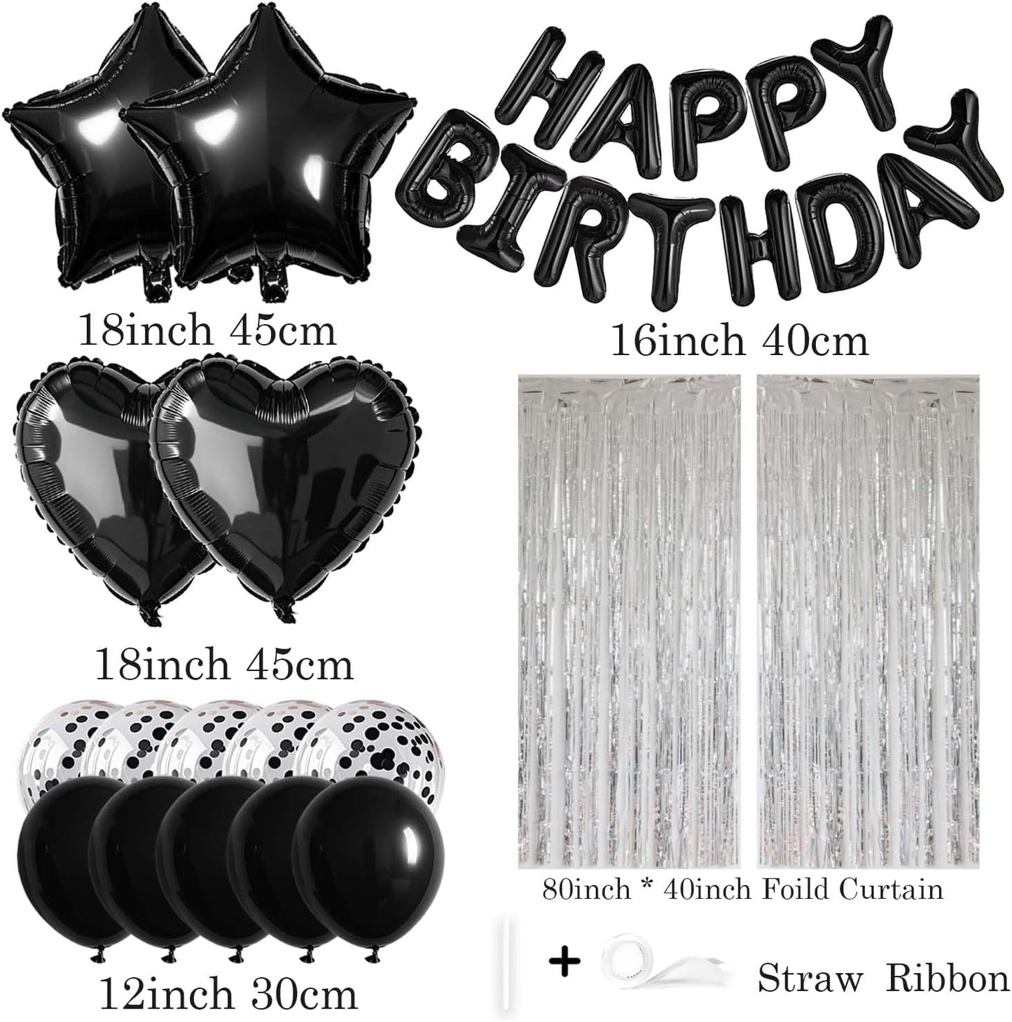 29 Pcs Black Silver Birthday Party Decorations - Happy Birthday Balloons Banner, Heart & Star Foil Balloons, Confetti & Latex Balloons, Foil Fringe Curtains Party Supplies for Men
