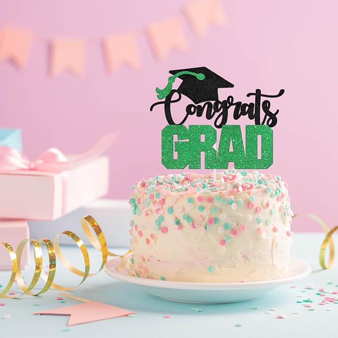 Congrats Grad Cake Topper - High Sohool/College Graduation Party Decoration Supplies - Congratulations Class of 2025 Party Cake Decorations (Green)
