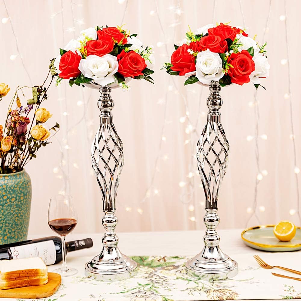 LANLONG 2pcs Metal Silver Candle Holders Road Lead Table Centerpiece Stand Pillar Candlestick for Wedding Candelabra Flowers Vases