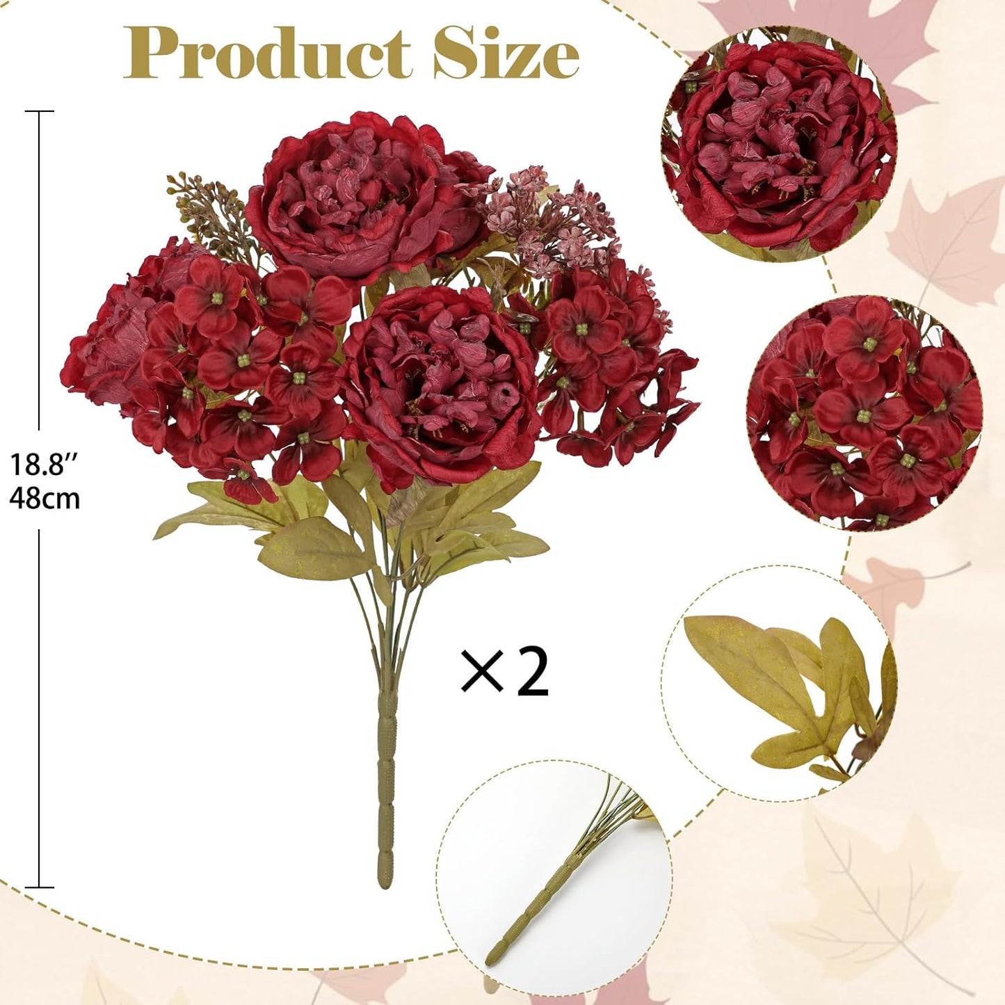 Hollyone 2 Bundles Artificial Fall Flowers Bouquet 18.8" Red Peony Hydrangea Fake Fall Floral Silk Flowers Autumn Faux Flower Arrangement for Home Wedding Table Centerpieces Thanksgiving Party Decor
