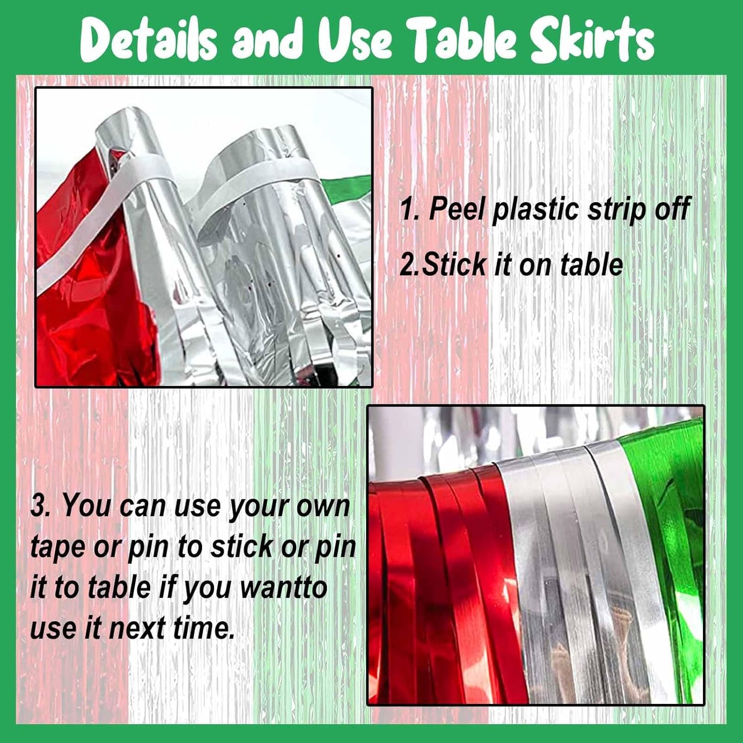 4 Pack 29x108 Inch Metallic Foil Fringe Tinsel Table Skirts for Rectangle Tables Streamer Backdrop for Wedding, Birthday, Parade Floats, Christmas, Halloween Party Decoration(Red Silver Green)