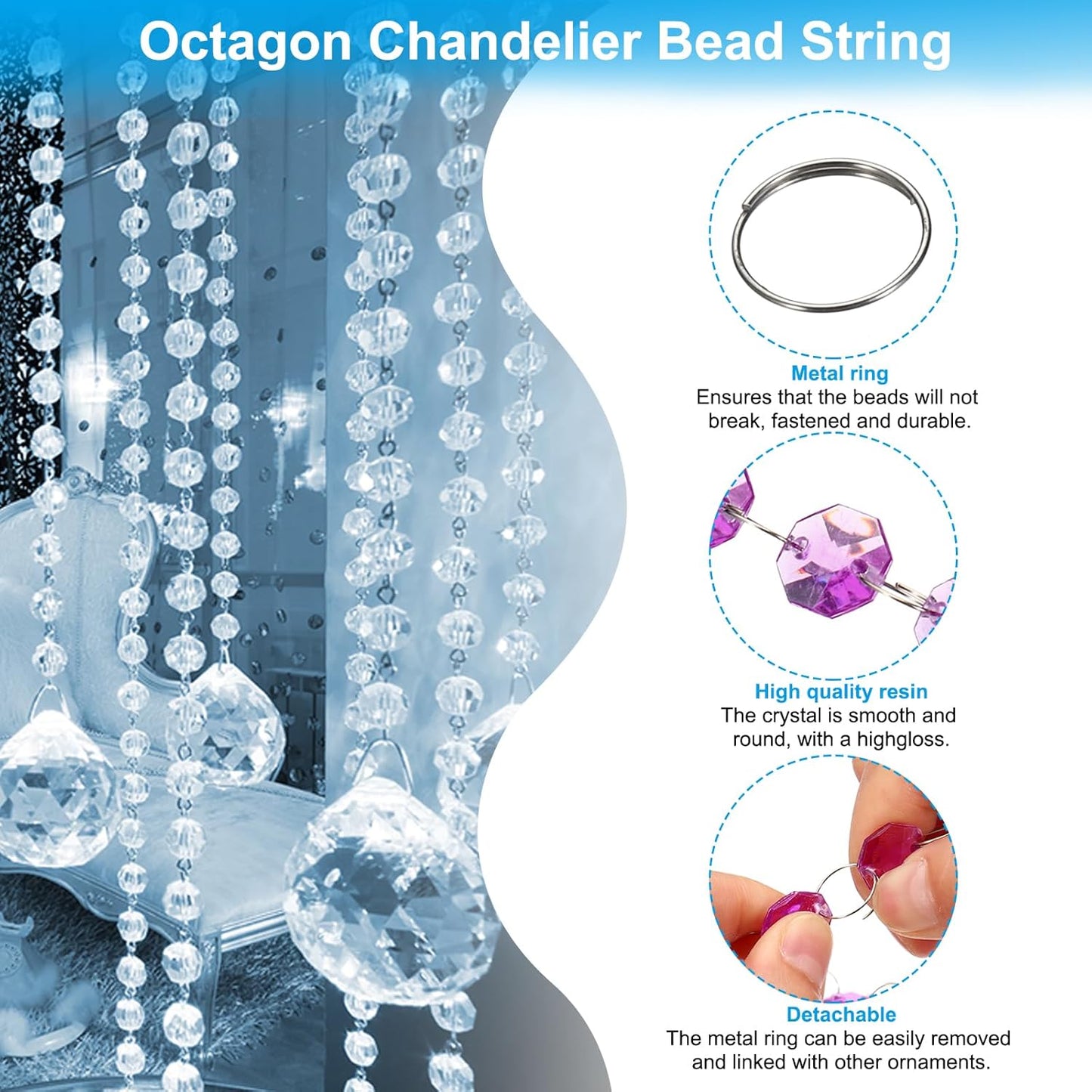 PATIKIL 14 mm Crystal Garland Strands, 32.8 Ft Acrylic Octagon Chandelier Bead Chains String for DIY Craft Wedding Party Home Decorative Jewelry Making, Purple