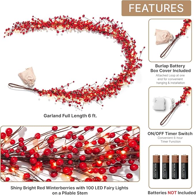 LampLust Lighted Garland, 6 Ft Red Berry Garland, 100 LED Lights, Spring Garland for Mantle All Year Round, Battery Powered, Timer Included, Farmhouse Decor, Table Top Decor for Dining Room