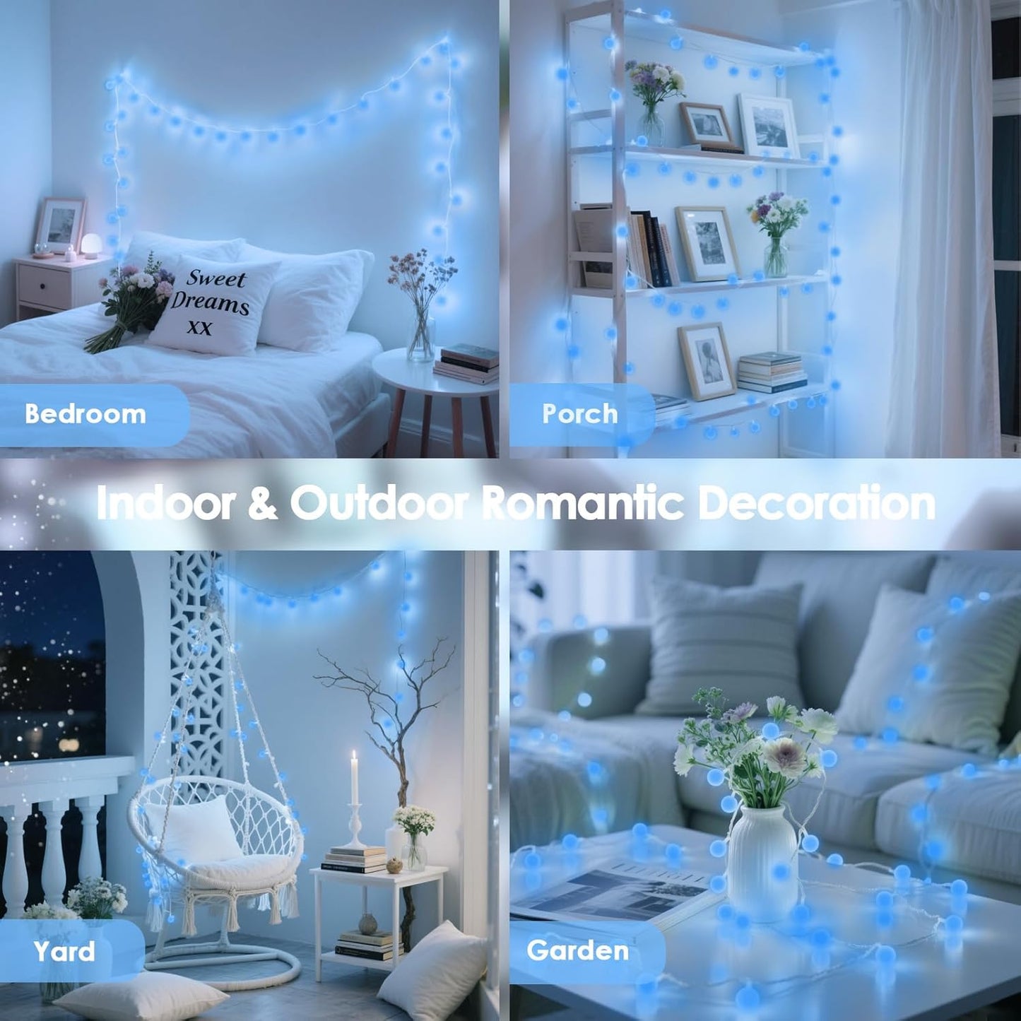 100LED Blue Connectable String Lights Indoor Outdoor for Bedroom, 43ft Fairy Lights with Remote & Timer, Plug in 8 Modes Waterproof Globe Hanging Light for Room Classroom Wedding Party Christmas Decor