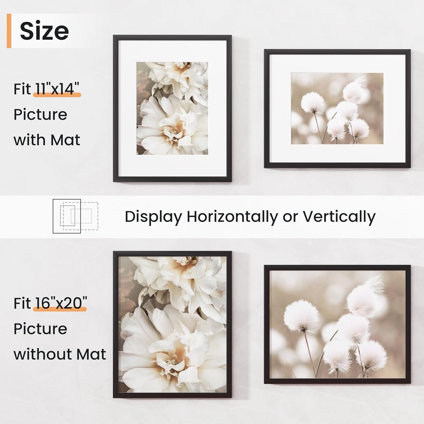 16x20 inch Picture Frame, 16x20 Photo Frames with 11x14 Removable Mat - High Definition Plexiglass - Vertical and Horizontal Display - Wall Hanging Frame - Black, 3 Pack