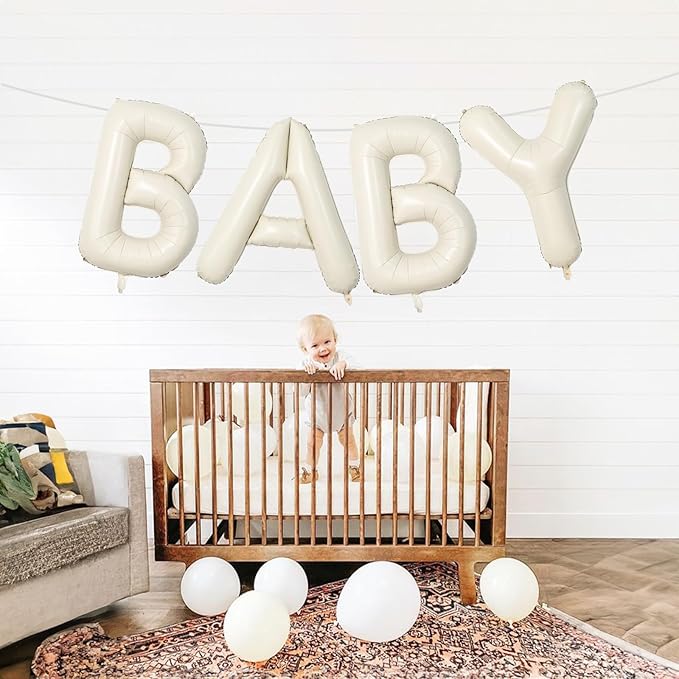 40 Inch Beige BABY Balloon for Baby Shower, Large Cream White Baby Foil Balloons Letters with Ribbon, Neutral Ivory Alphabet Baby Mylar Balloon Banner Sign for Gender Reveal Backdrop Party Decorations