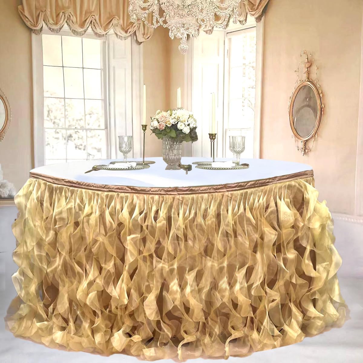 Luxury Organza Mesh Table Skirt Draping Floating Romance - Perfect for Bridal Showers, Birthday Weddings - Clear Flowing Decoration for a Wonderful Main Cake Table (Gold-6ft, 72" L×30" H)