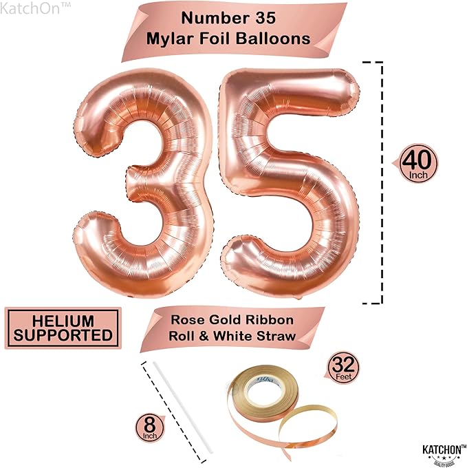 KatchOn, Rose Gold 35 Balloon Numbers - 40 Inch | Rose Gold 35 Balloons for 35th Birthday Anniversary Decorations | Mylar Balloons for Women Men 30th Birthday Party Decorations
