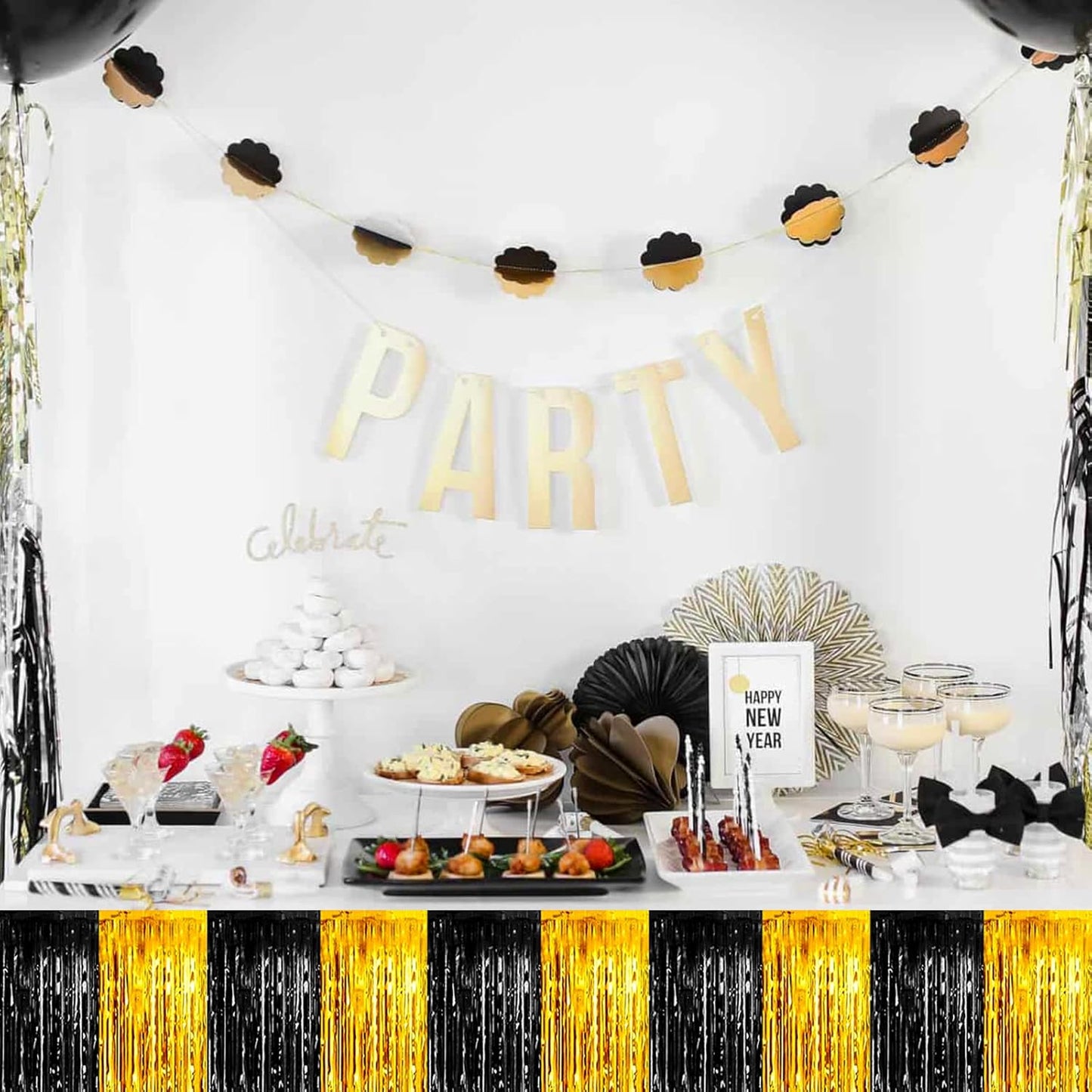 4 Pack 29x108 Inch Metallic Foil Fringe Tinsel Table Skirts for Rectangle Tables Streamer Backdrop for Wedding, Birthday, Parade Floats, Christmas, Halloween Party Decoration(Black Gold)