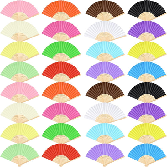 FEPITO 32 Pieces Handheld Paper Fan Paper Folding Fans with Bamboos for Wedding Gift, Party, Home, Multicolor