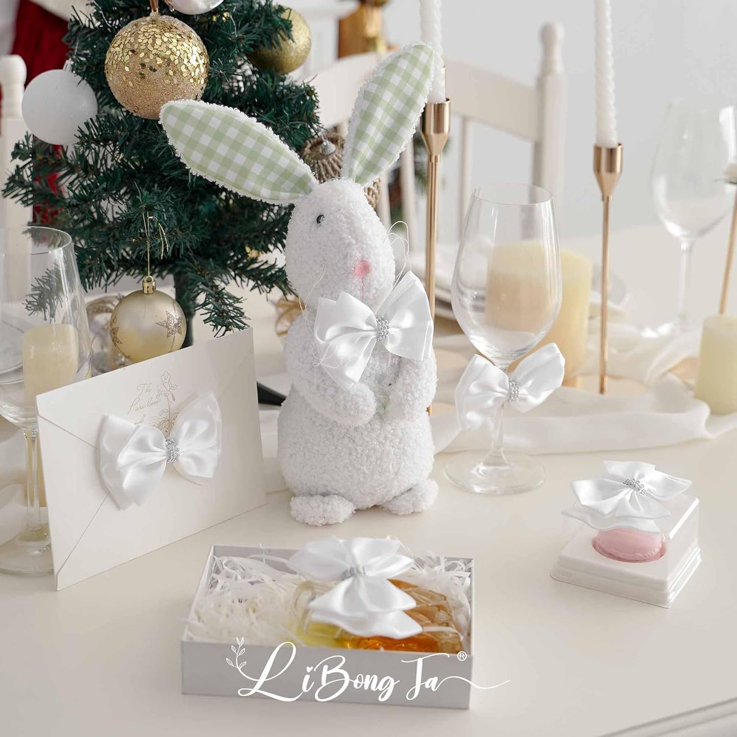 White Satin Bows 4'' Premade White Ribbon Bows, Gift Bows with Rhinestone, Wrapping Bows for Presents, Greeting Cards, Treat Bags, Wine Bottles, Valentines Bows for Gift Wrapping-12 Counts