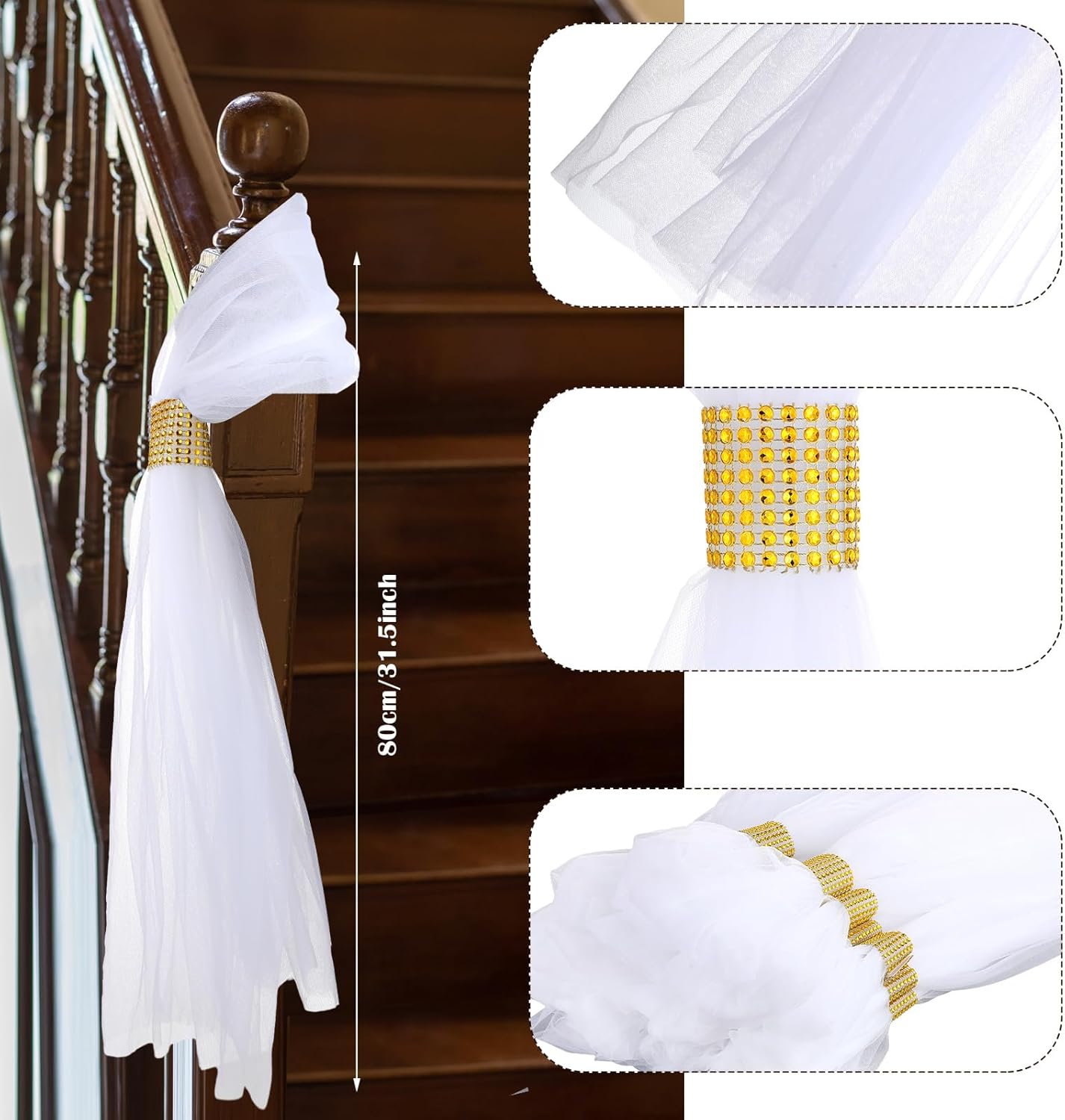 24 Set Wedding Aisle Chair Decorations 31.5 Inch Pew Bows with Long Tulle Tails and Rhinestone wrap for Wedding Ceremony Church Bridal Shower Banquet Decor (Gold)