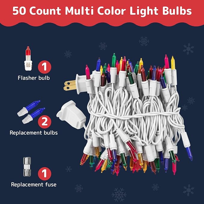 PREXTEX 50 Ct. Multi-Color Christmas Tree Lights with White Wire - 10 Ft Holiday String Lights for Indoor and Outdoor Use- Multicolor Incandescent Christmas Tree Decoration with End-to-End Connectors