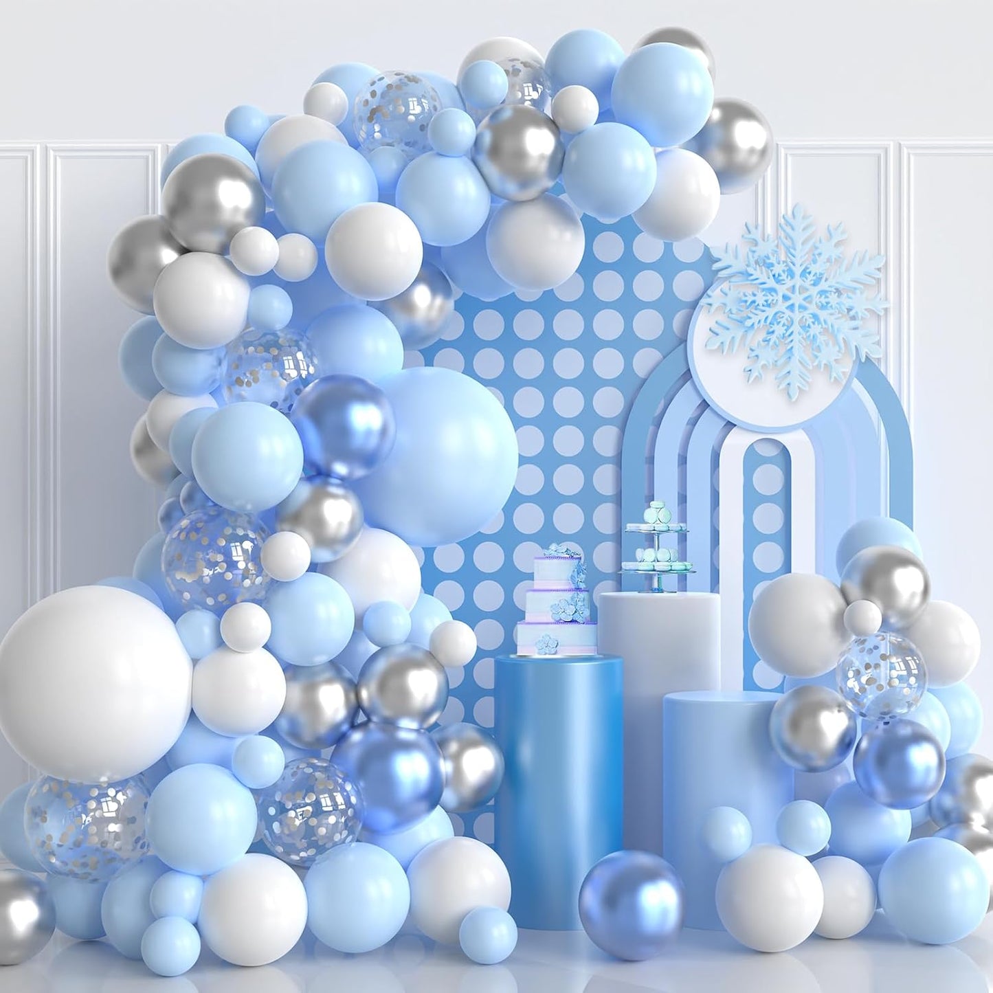 Blue and Silver Balloons Garland Kit, 124pcs Blue White Silver Confetti Metallic Latex Balloons Arch for Birthday, Baby Shower, Winter Wonderland Snow Theme Party Decoration