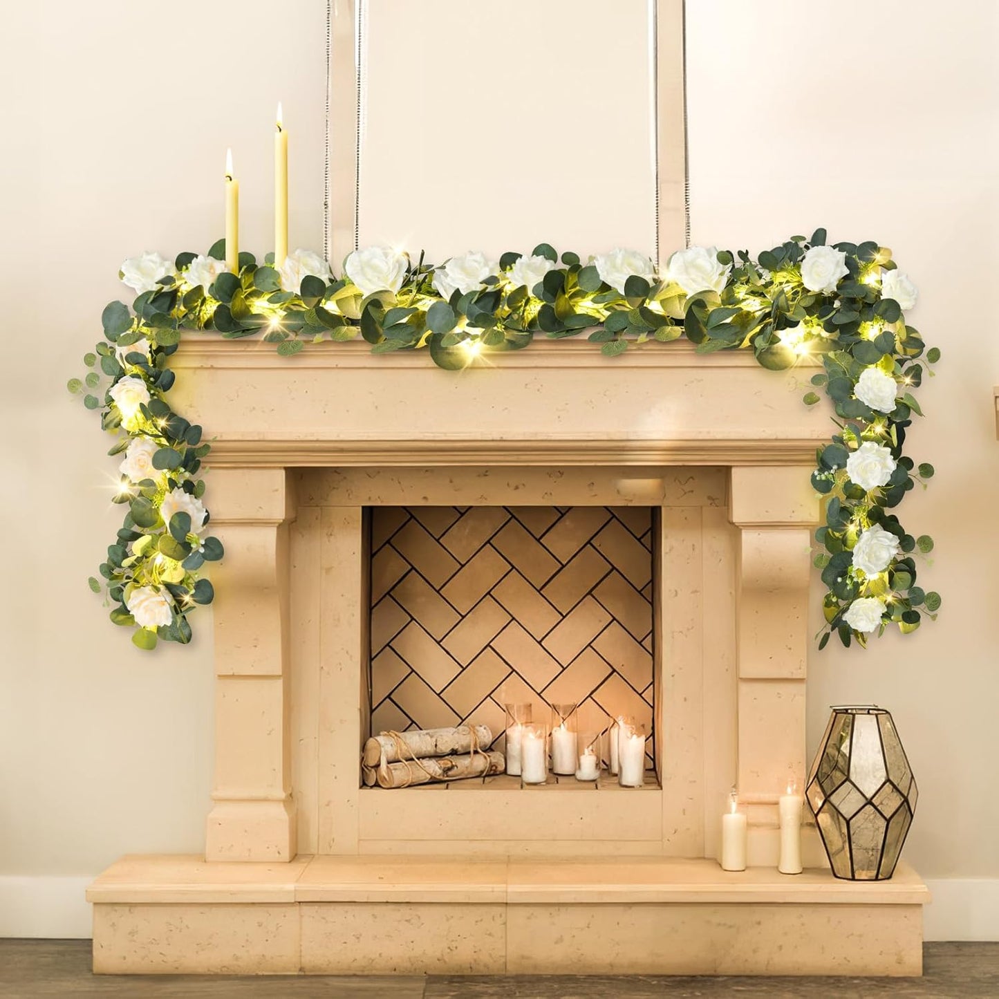 MACTING 2 Pack 13.2FT Eucalyptus Garland with Lights - Spring Gypsophila Flower Garland with 24 White Roses Artificial Floral Greenery Vine for Arch Table Centerpieces Backdrop Party Wedding Decor