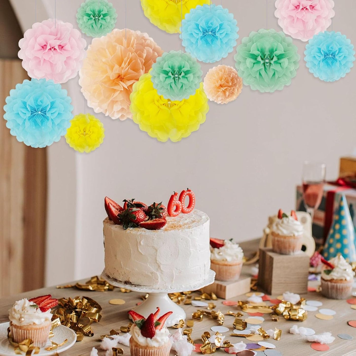 Tissue Paper Pom Poms, Light Colorful Tissue Paper Flowers, Hanging Flower Balls for Easter Weddings Fiesta Parties Birthday Baby Showers Classroom Decoration (20Piece Set-6/10/12/14Inch)