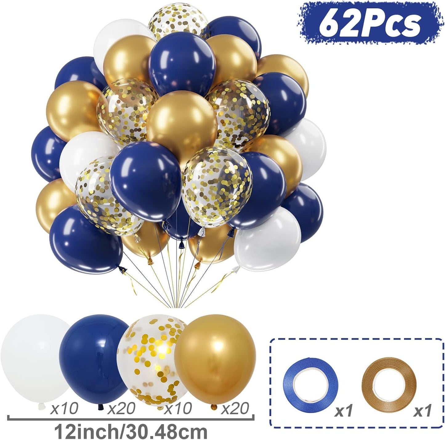 Netnology Navy Blue Gold Balloons Set, 60Pcs 12 Inch Navy Blue White Metallic Gold and Gold Confetti Latex Balloon for Birthday Baby Shower Bridal Shower Wedding Graduation Party Decorations