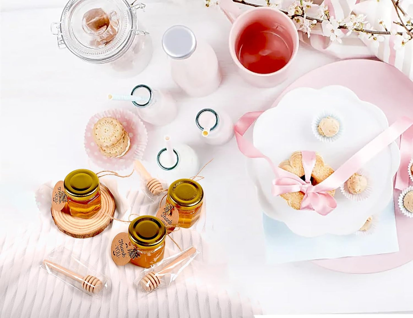 Adabocute Mini Honey Jars - Honey Pot With Honey Dipper, Bee Pendants, Jutes, Tags and Gold Organza Bags - Perfect For Baby Shower Favors, Party Favors and Wedding Favors, 40 Pack 1.5oz